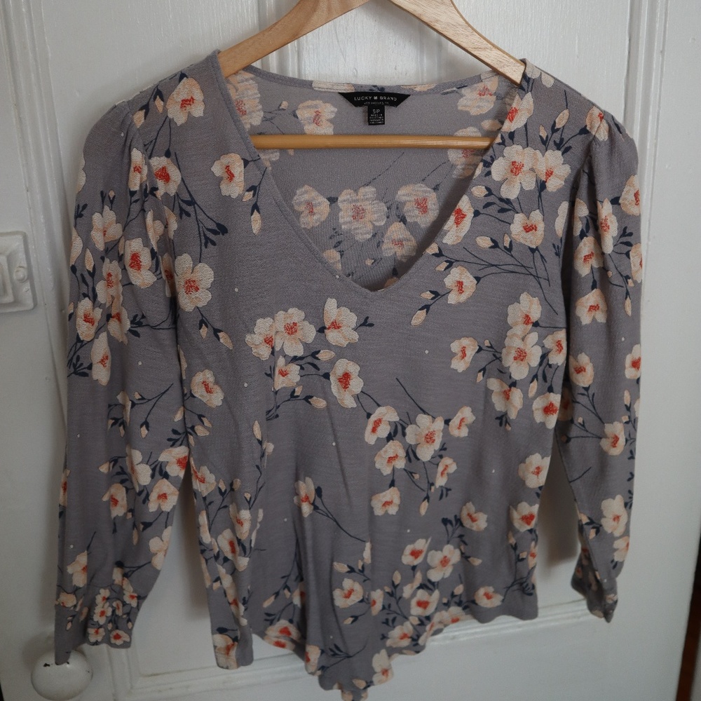 Lucky Brand Floral Blouse | Grey/White | S